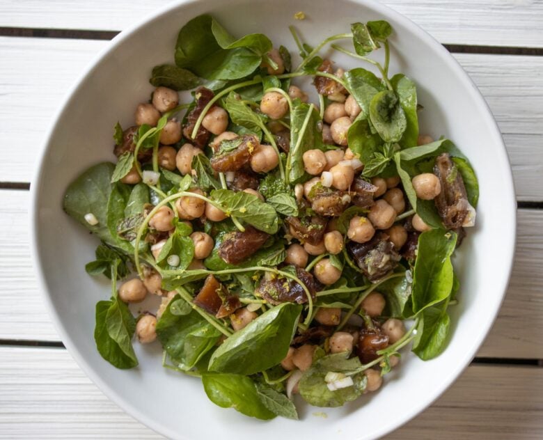 savory cresson, garbanzo beans, dates salad