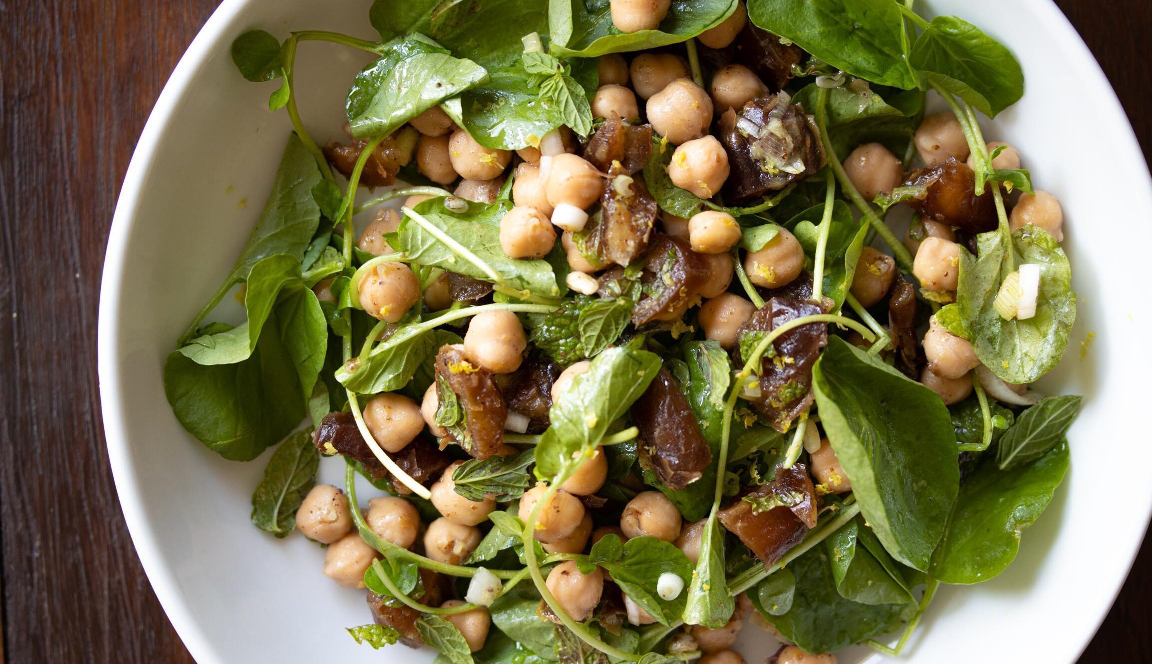 cresson, garbanzo beans, dates salad