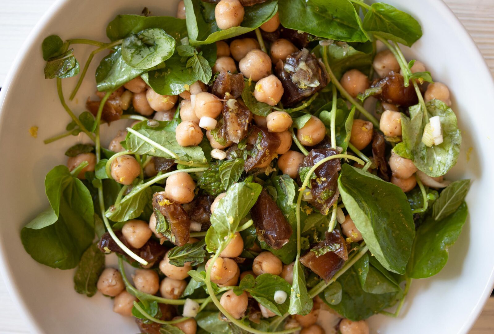 cresson, garbanzo beans, dates salad