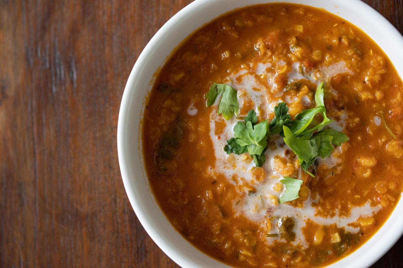 Curried lentils, tomato, and coconut soup.