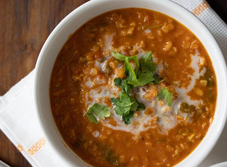 Curried lentil, tomato, and coconut soup