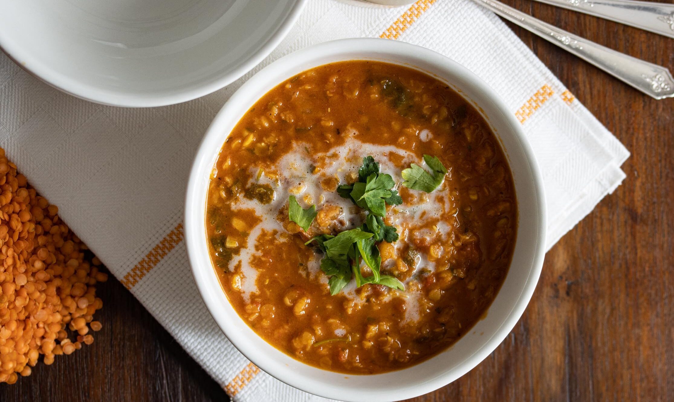 Curried lentils, tomato, and coconut soup.