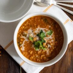 Curried lentils, tomato, and coconut soup.