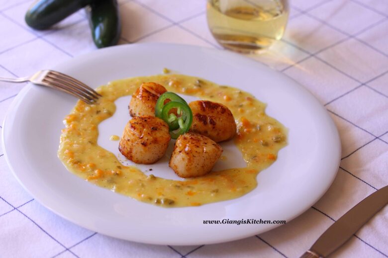 jalapeno scallops with orange beure blanc