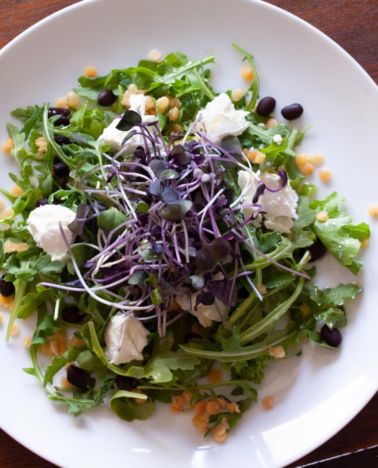 crimson lentils with black beans with aragula salad, goat cheese on a white serving plate