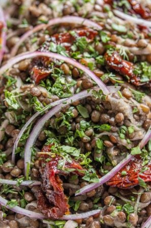 lentils with sun-dried tomatoes, onion and fresh herbs