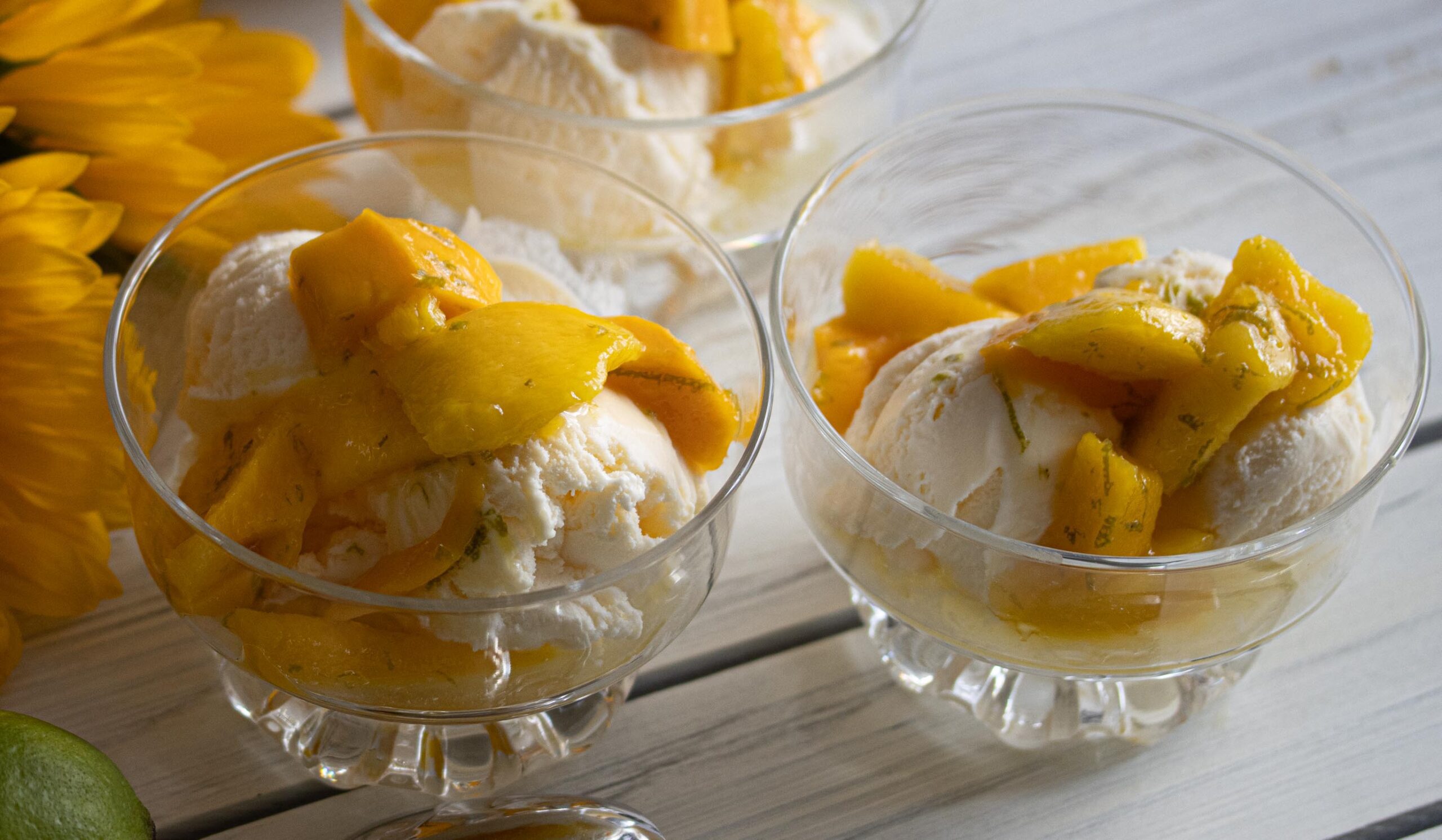 mangoes with rum and vanilla ice cream