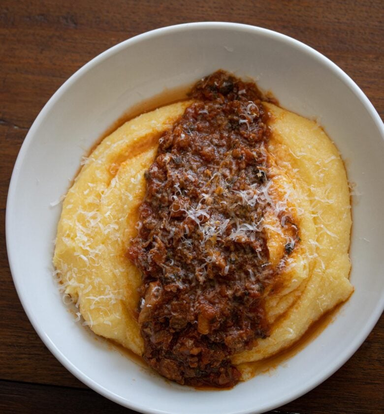 mushroom sausage ragu with polenta