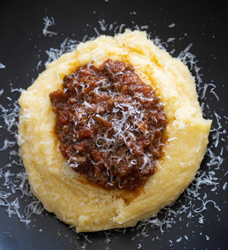 Mushroom, sausage ragu with polenta