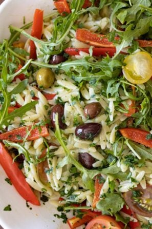 orzo with basil butter, peppers, tomatoes