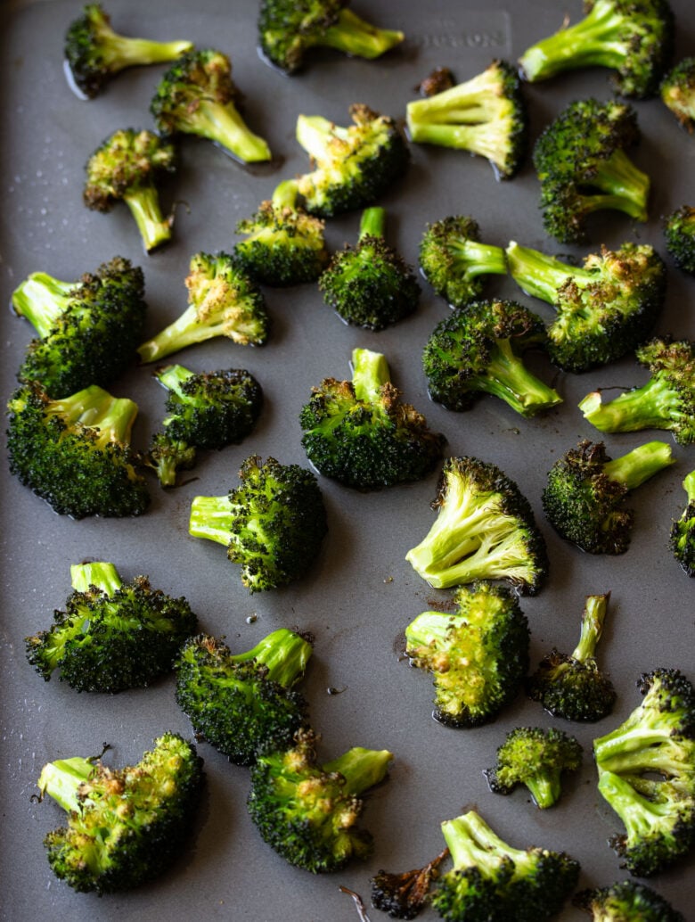 roasted broccoli in a cookie sheet