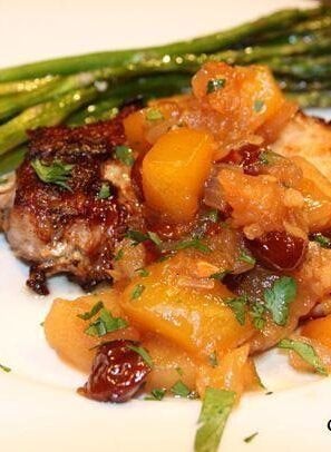 pork chops pan seared with apple mango chutney