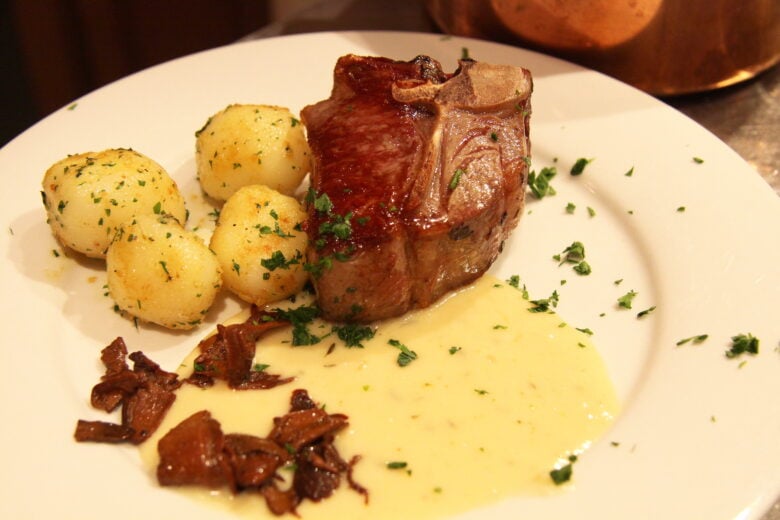 pan fired lamb chops with garlic cream and porcini mushrooms