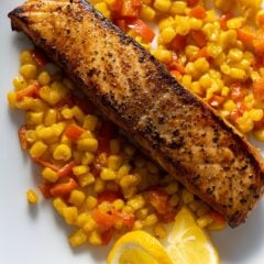 Pepper Crust Salmon With Creamed Corn And Bell Peppers