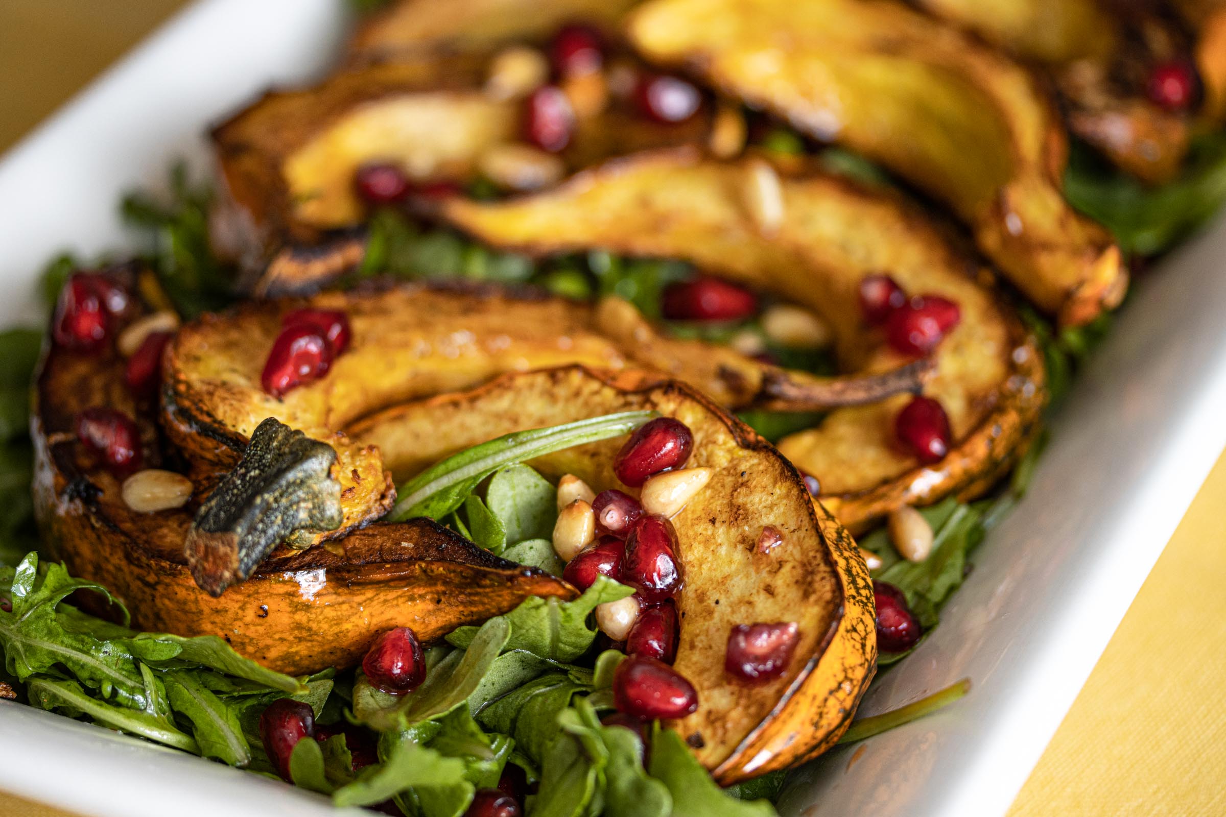 Pomegranate Seeds, Acorn Squash Arugula Salad