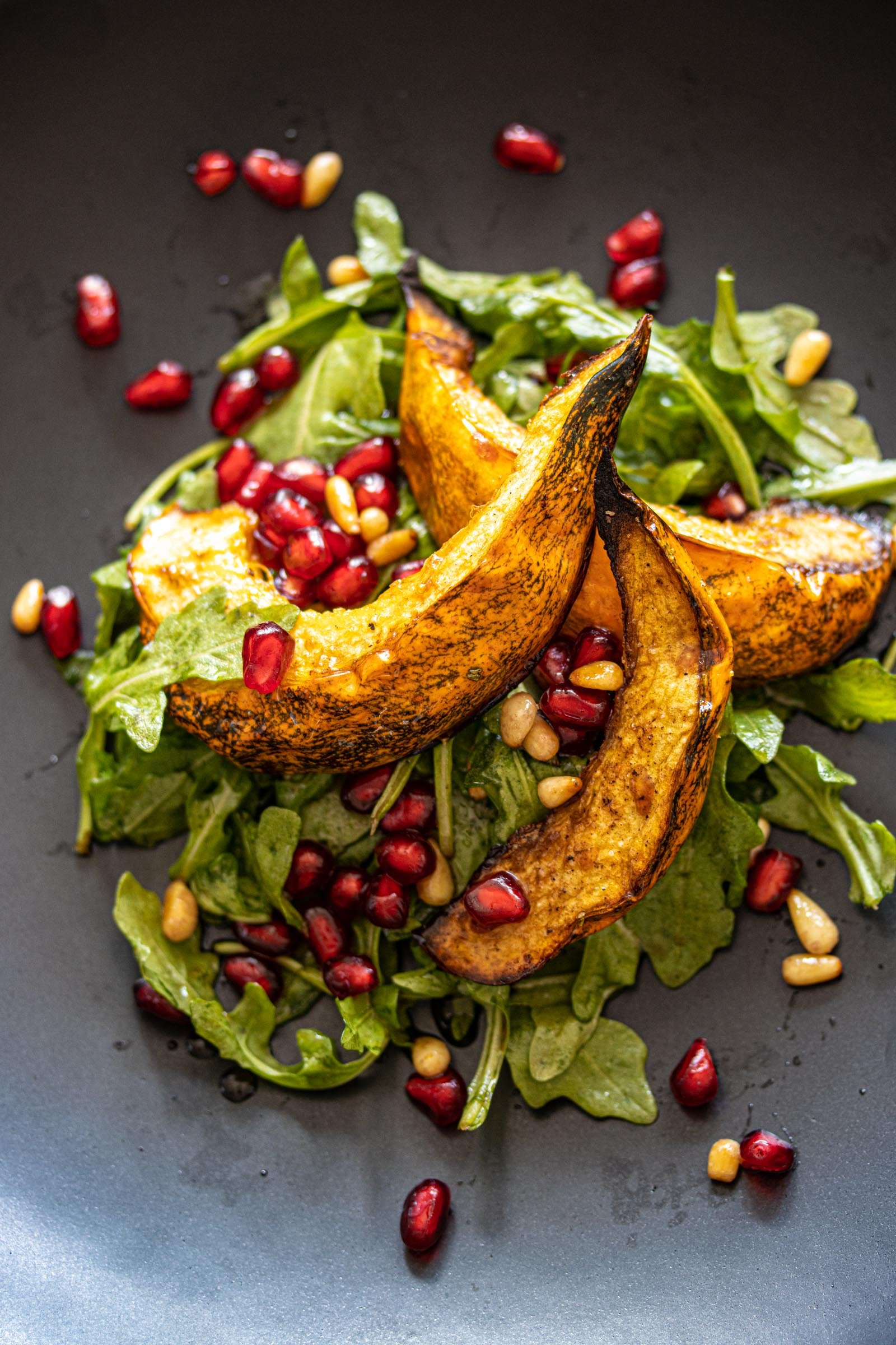 Pomegranate Seeds, Acorn Squash Arugula Salad