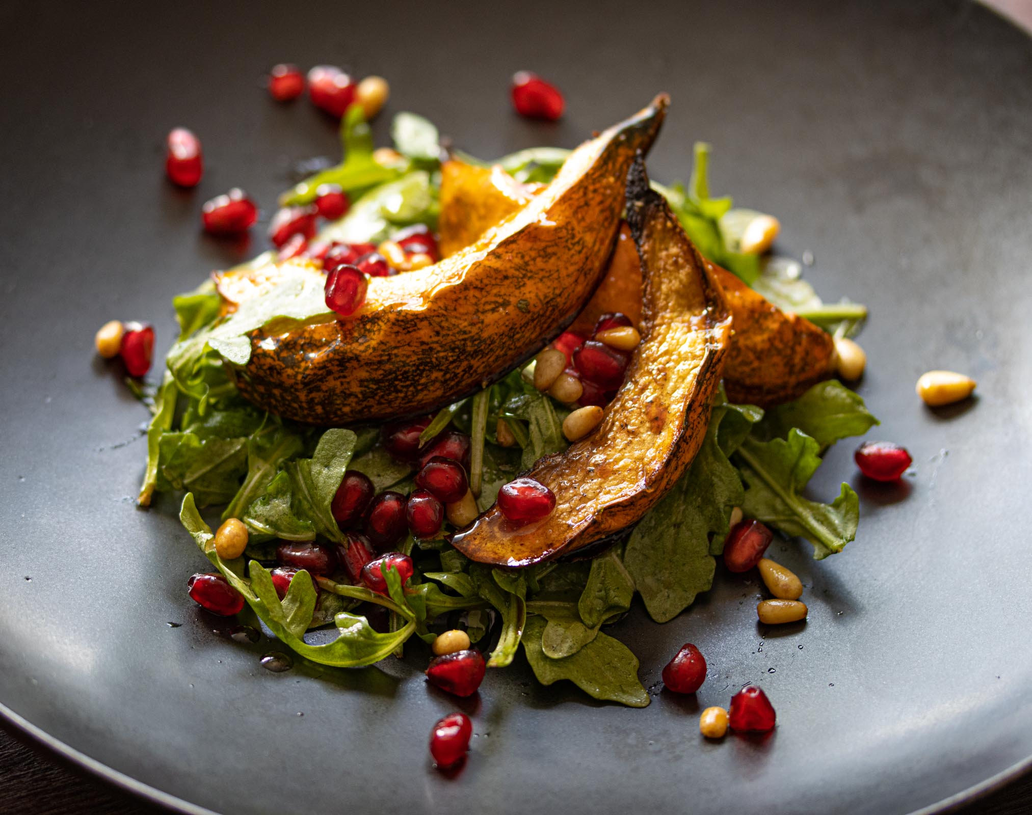 Pomegranate Seeds, Acorn Squash Arugula Salad