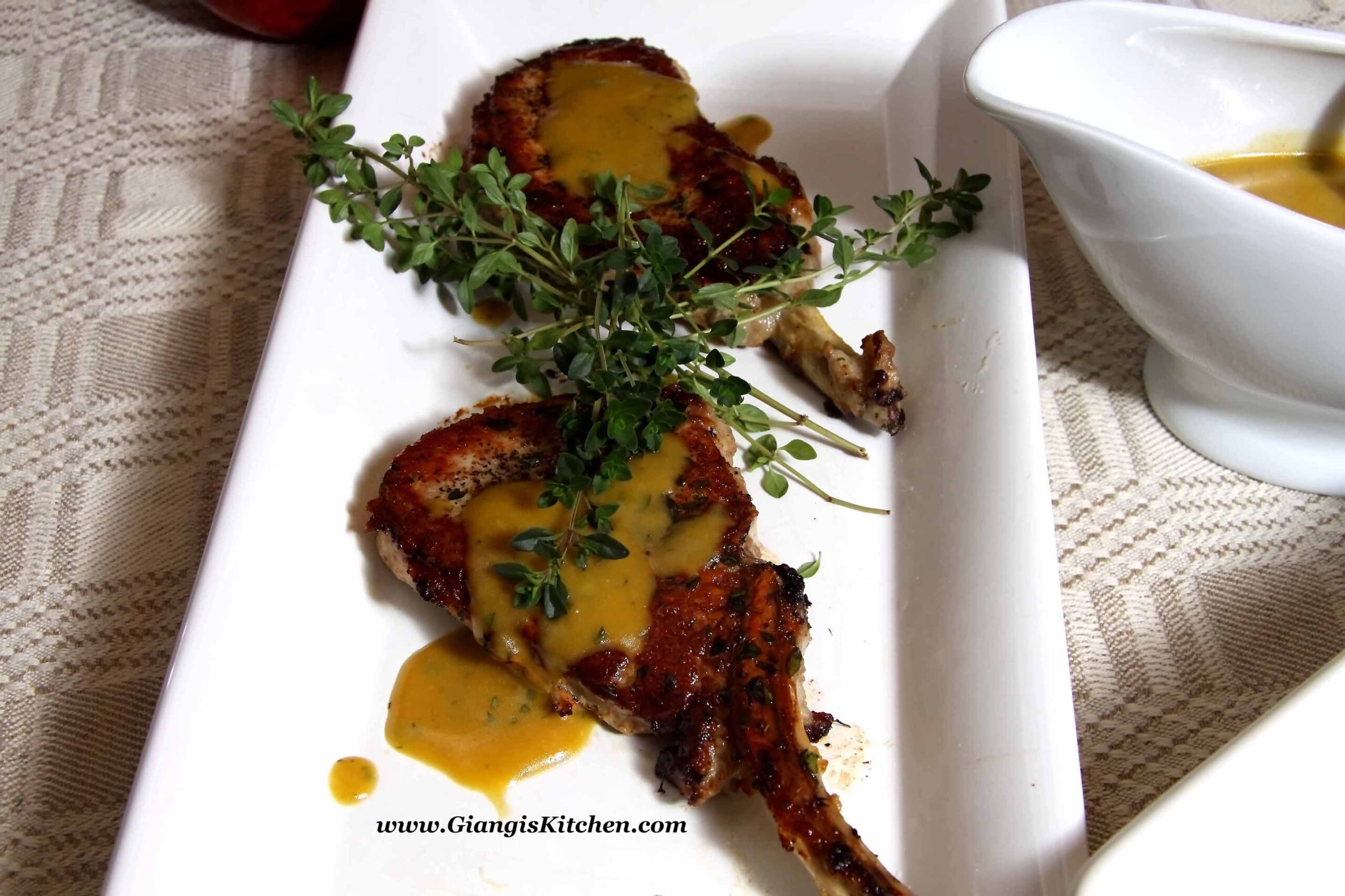 Pork Chops and Roasted Potatoes with Red Wine Honey Mustard Vinaigrette