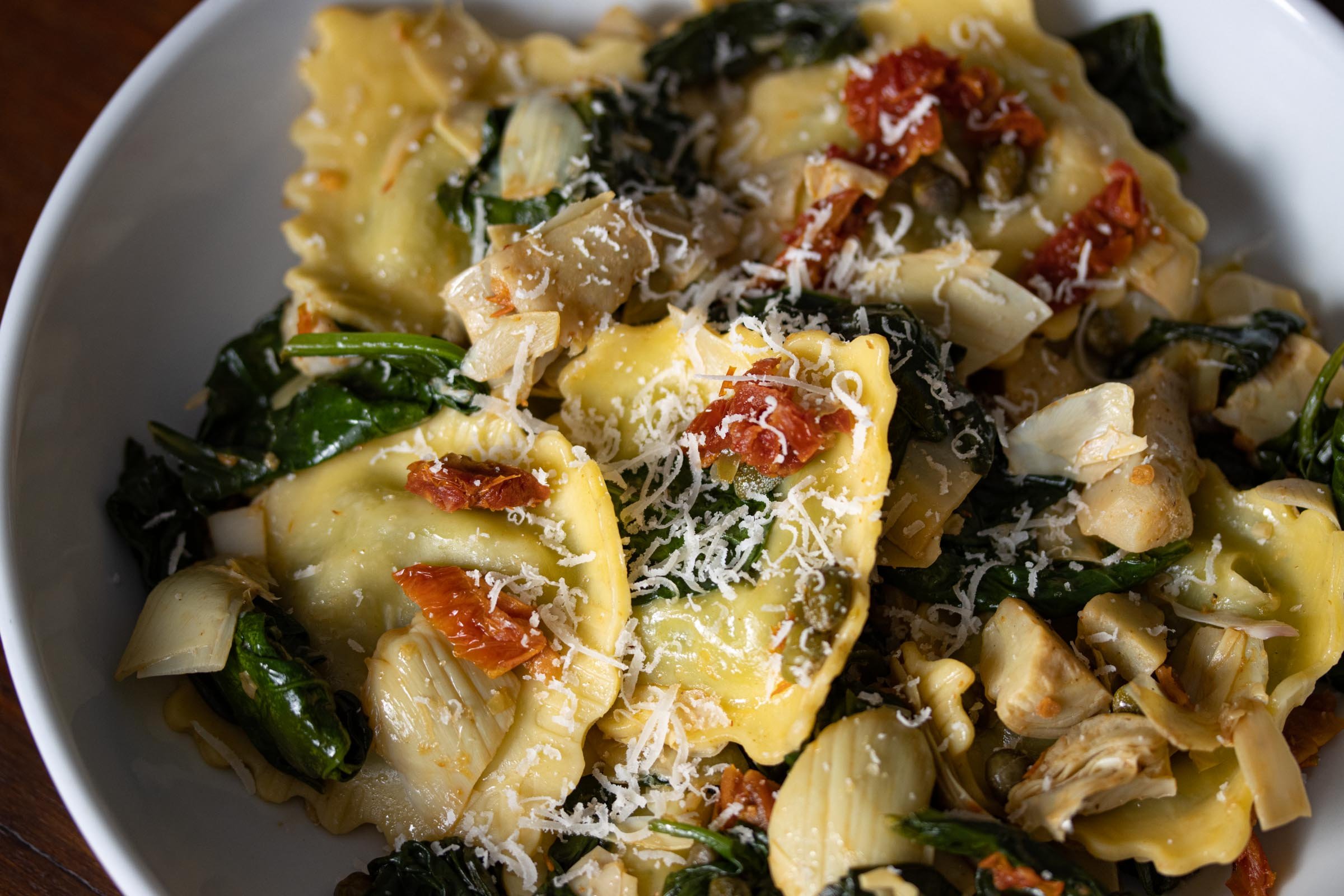 Ravioli with Artichokes Hearts, Capers, Sun-Dried Tomatoes, Spinach