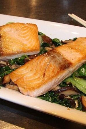 seared salmon with sesame bok choy and spinach