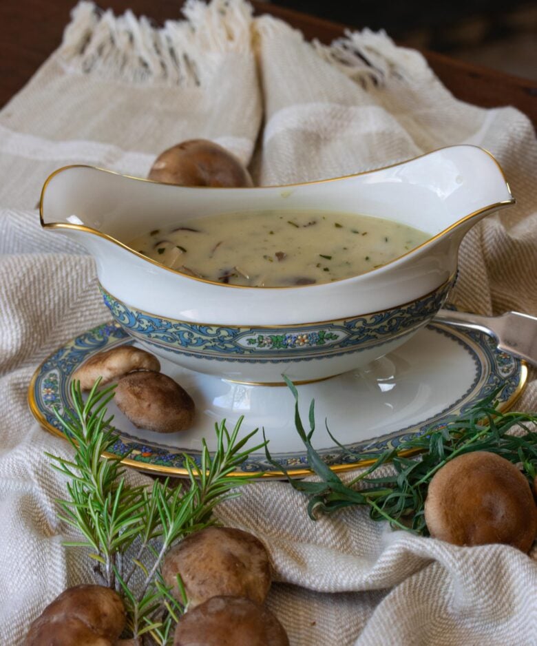 shiitake mushroom in gravy boat surrounded by mushrooms