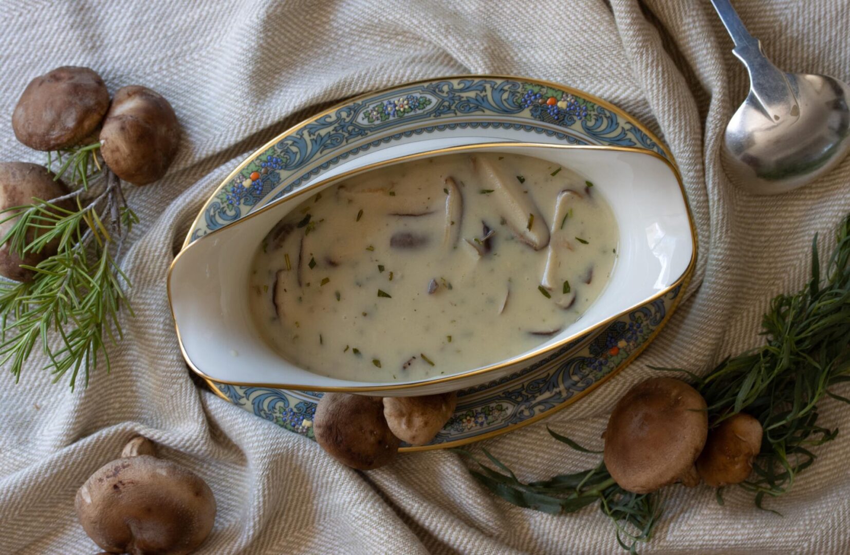 shiitake mushrooms gravy in gravy boat