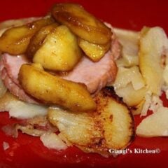 smoked pork chops with potatoes and sauteed apple slices