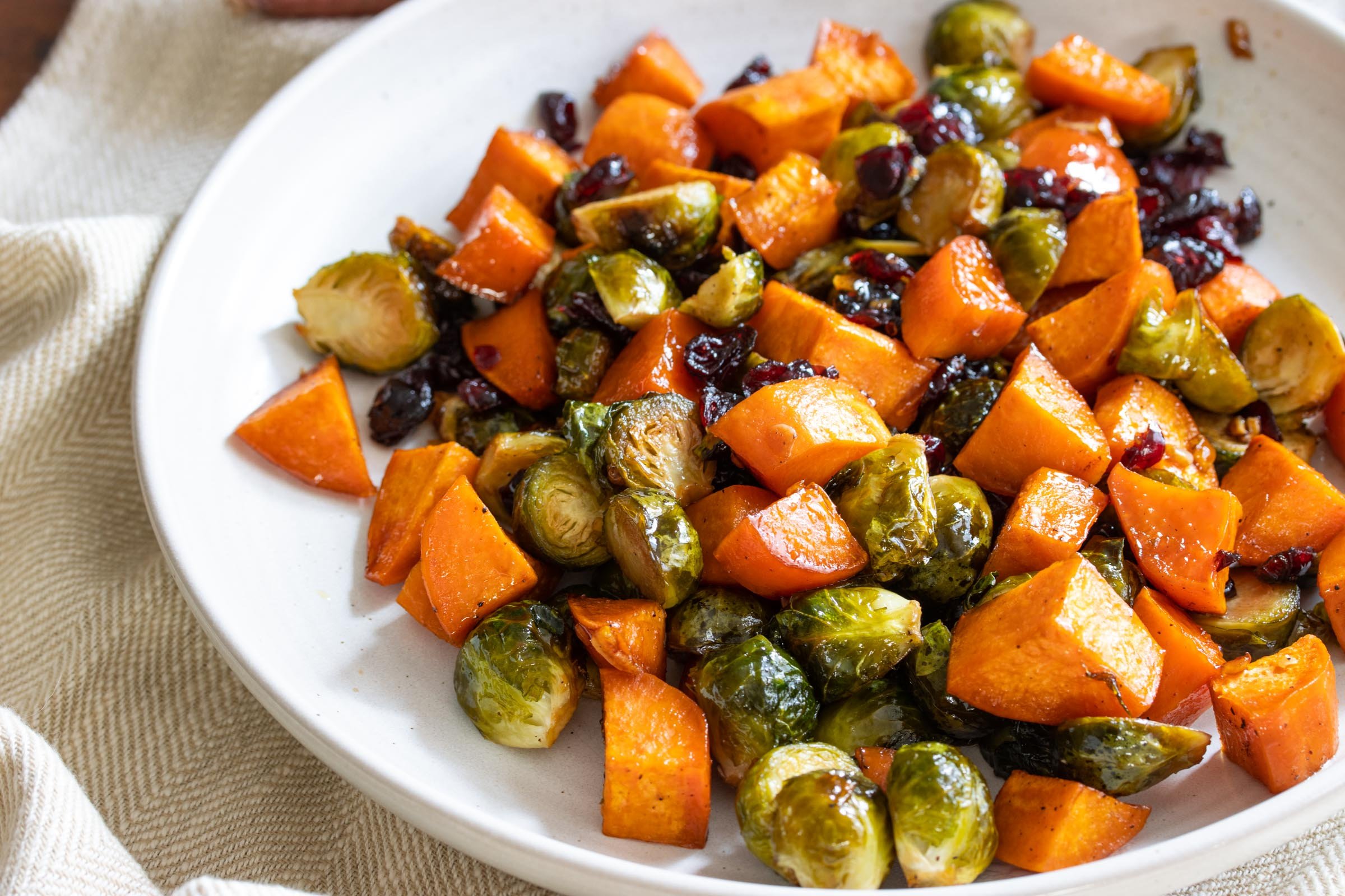 Roasted Sweet Potatoes, Brussel Sprouts and Cranberries