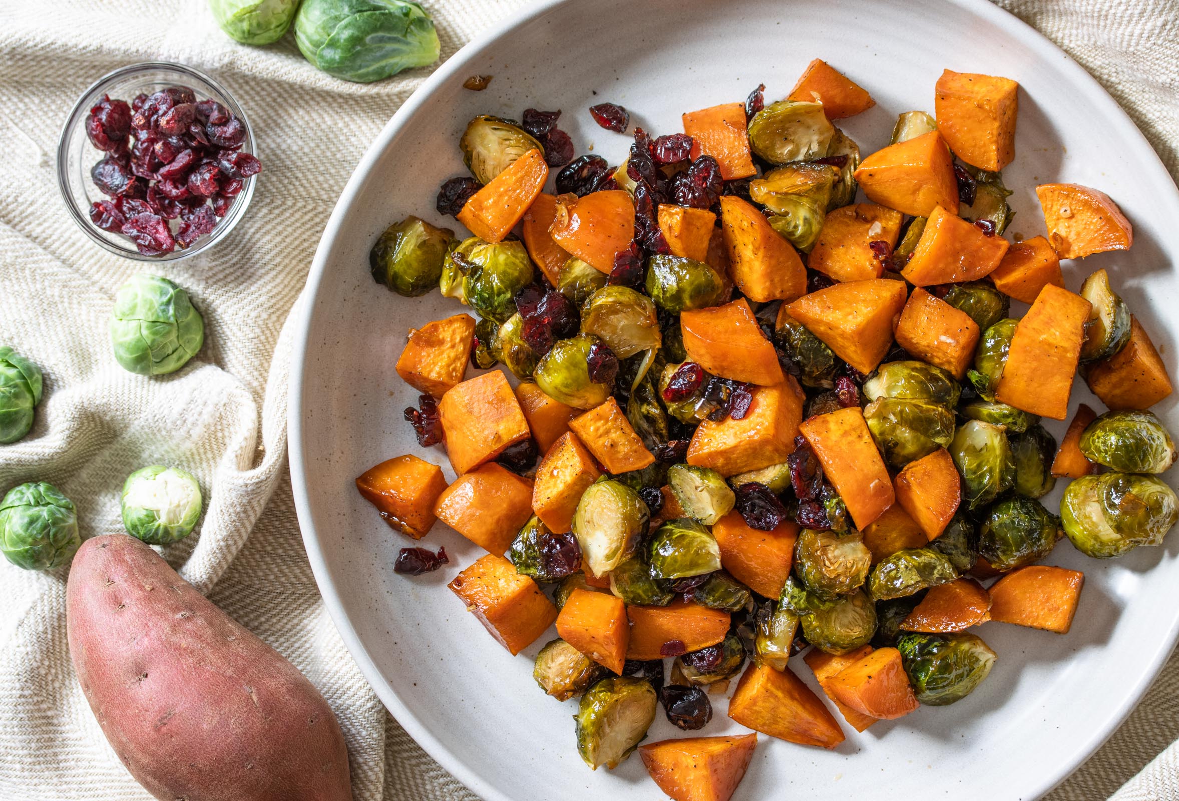 Roasted Sweet Potatoes, Brussel Sprouts and Cranberries