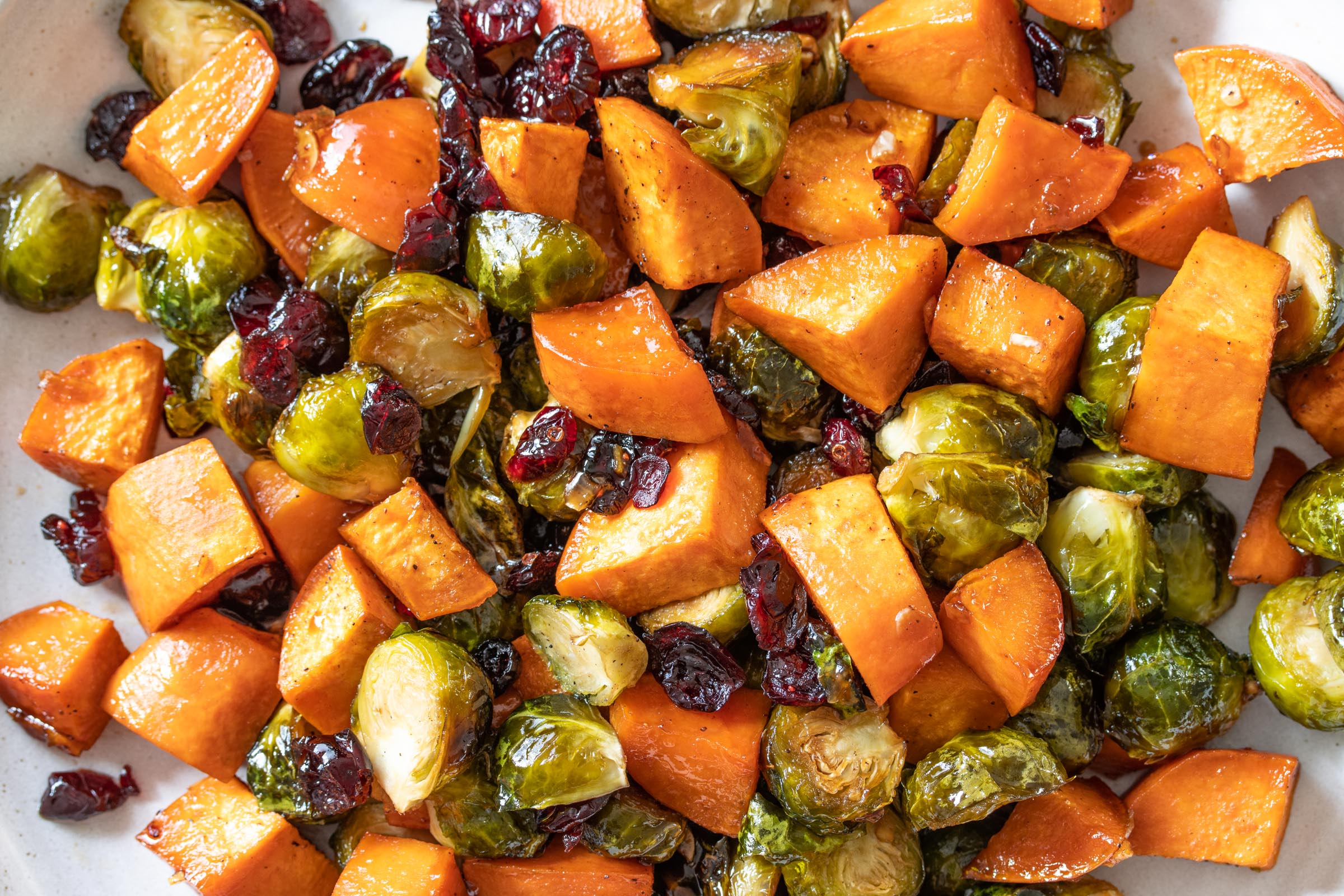 Roasted Sweet Potatoes, Brussel Sprouts and Cranberries