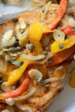 swordfish with onions & roasted bell peppers