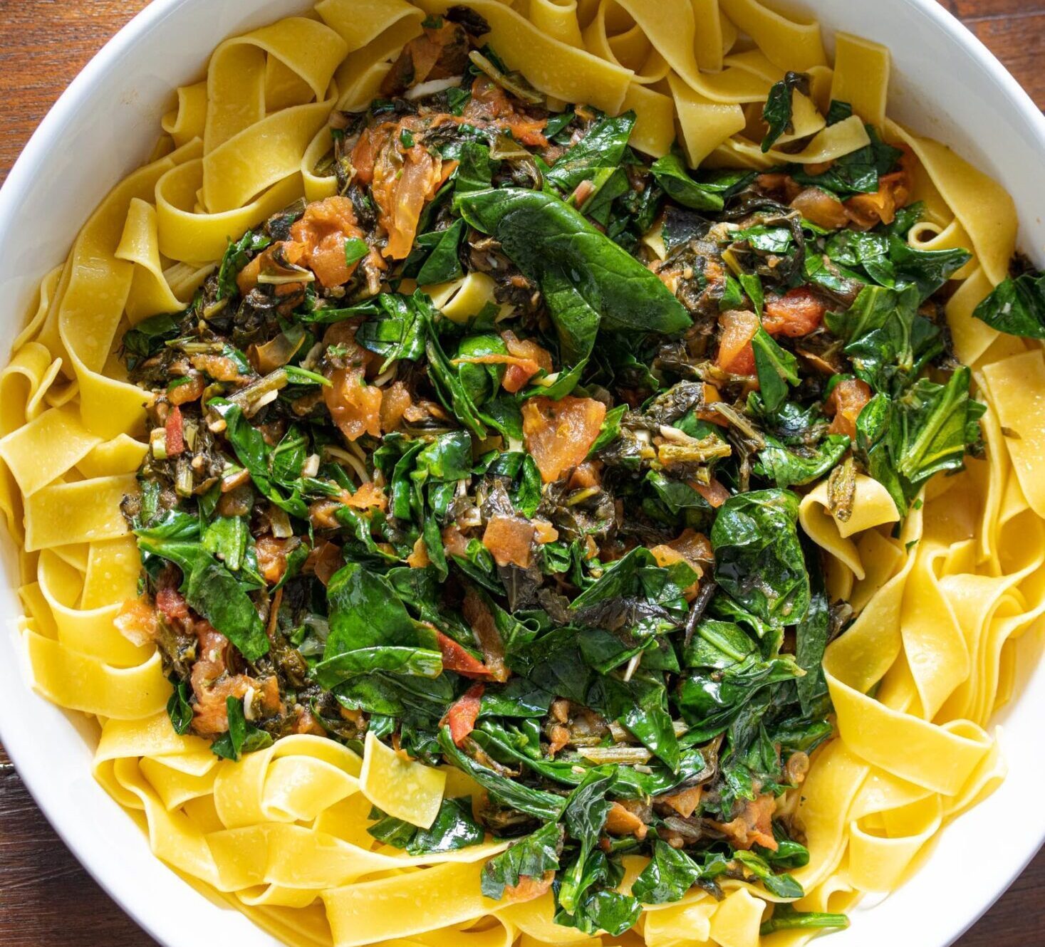 tomato, chard, kale, spinach pappardelle