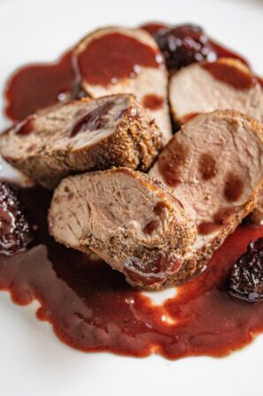 pomegranate, blackberries sauce with pork tenderloin