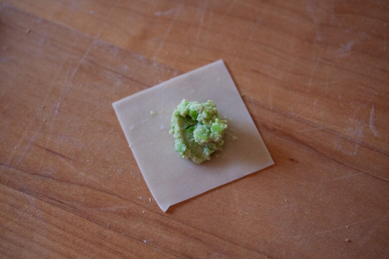 filling of the tortellini inside of the wonton wrapper